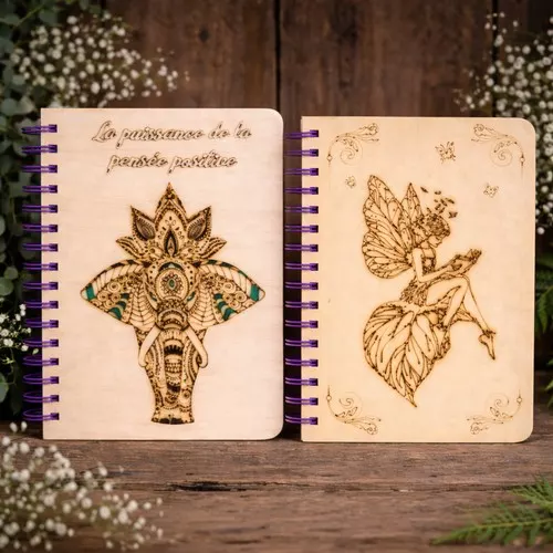 Cahier A5 couverture en bois gravé