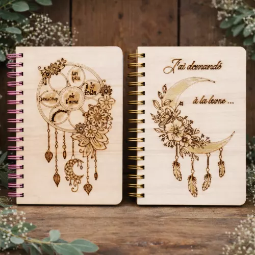 Cahier A5 couverture en bois gravé