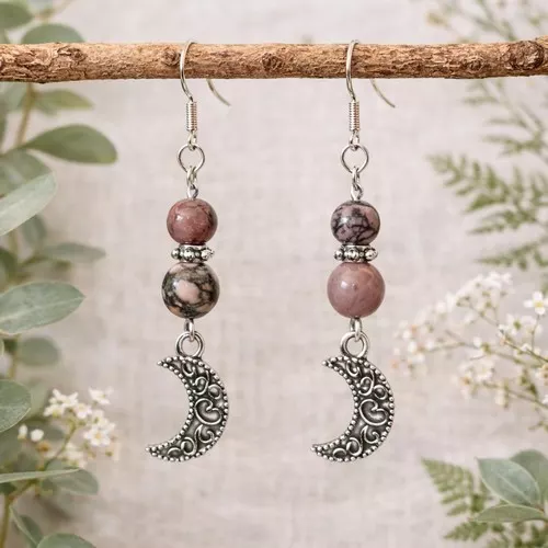 Boucles d’oreilles en rhodonite – Pendentif lune