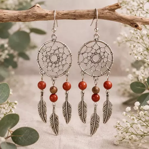 Boucles d'oreilles Capteur de Rêve – Jaspe Rouge, Bois & Argent